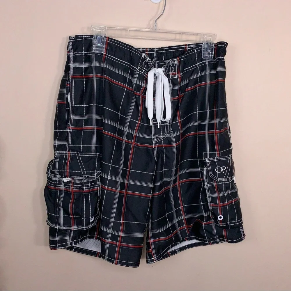 Medium OP Swim Board Trunks Shorts Black White Red Plaid Cargo Pockets